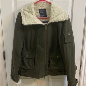 American Eagle Women’s Olive Moto Wool Bomber Jacket Faux Fleece Trim Size XXL
